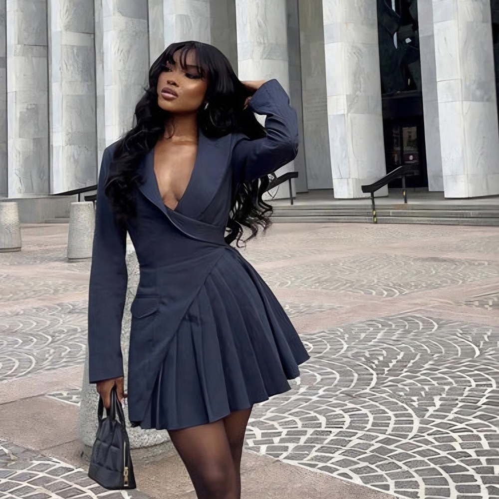 Women’s Navy Pleated Blazer Mini Dress